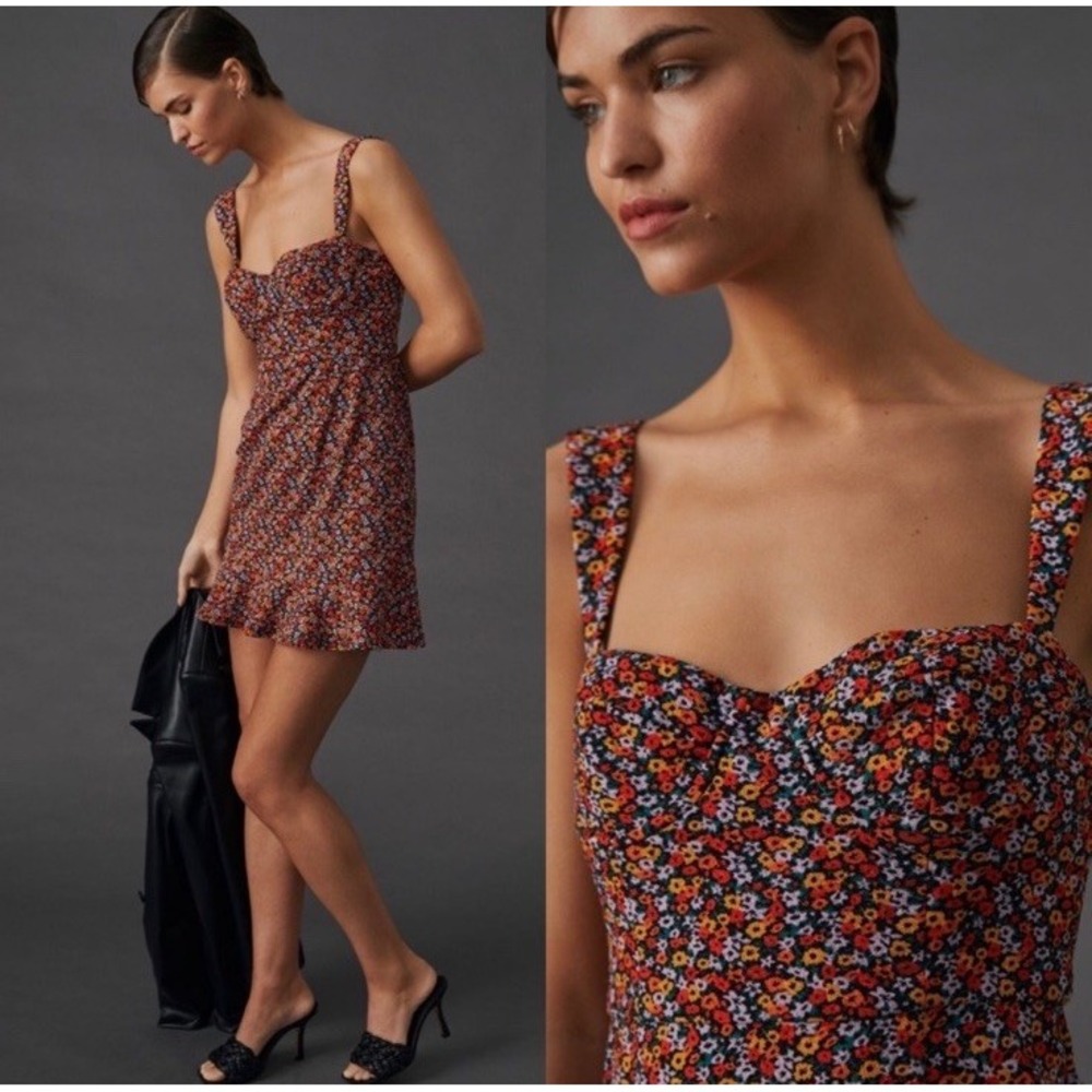 HUTCH Anthropologie Ditsy Floral Corset Mini Dress RED Women‎ Large Ruffle